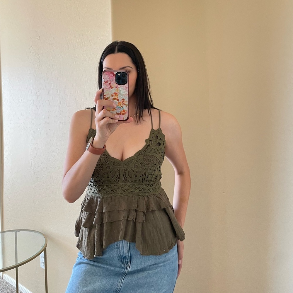 Chelsea & Violet Olive Lace Tiered Camisole Blouse